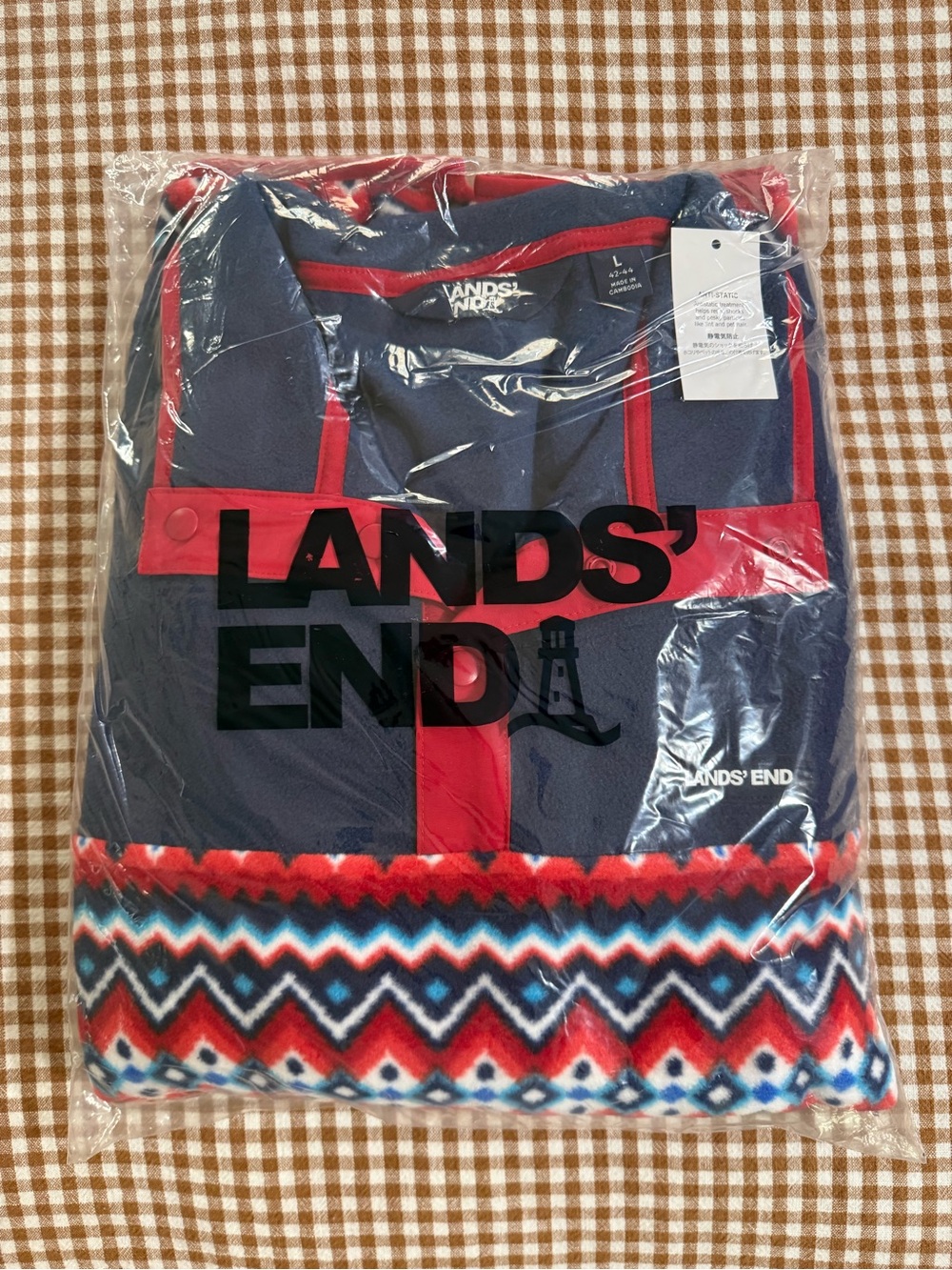 Lands' End Red and Navy Geometric Fleece 1/4 Button Pullover
